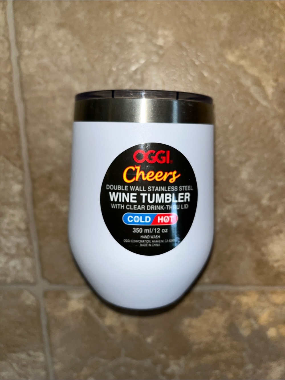 NWOT OGGI Cheers White Stainless Steel Wine Tumbler with Lid